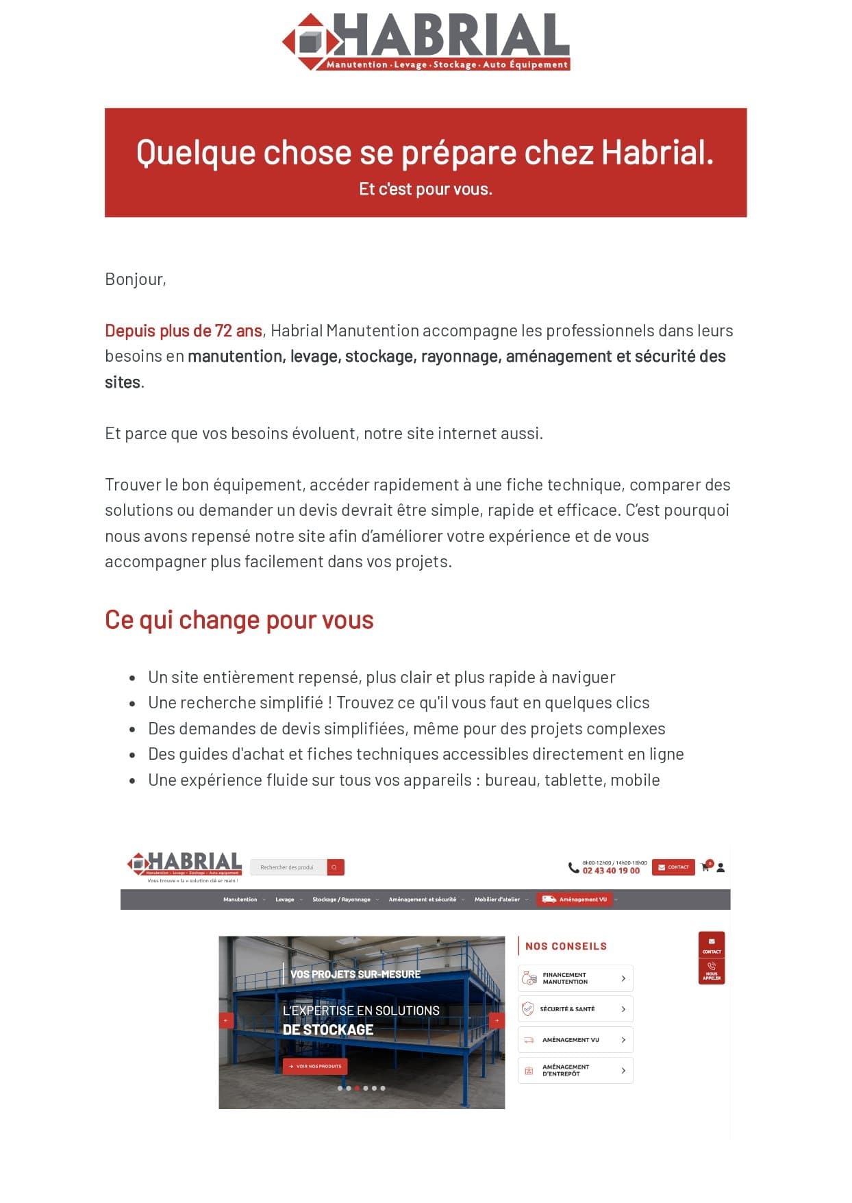 Newsletter Brevo d'Habrial annonçant le nouveau site