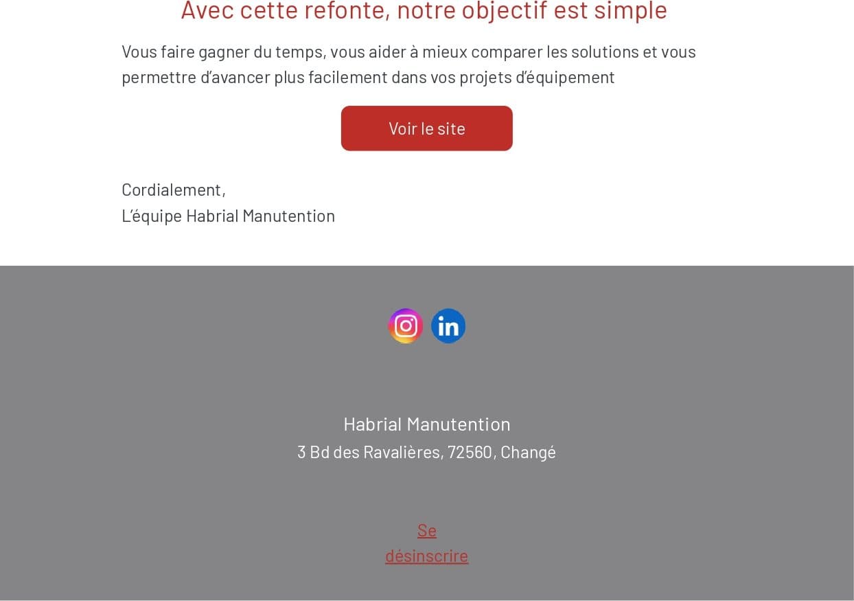 Fin de la newsletter Brevo d'Habrial, avec le bouton vers le site