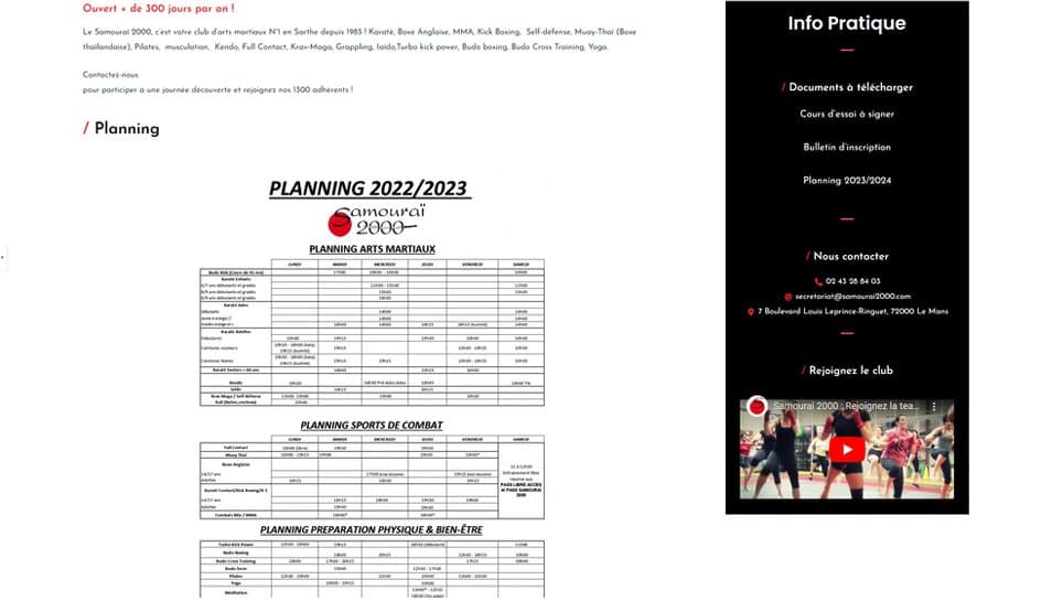 Site de Samouraï 2000 avant la refonte : planning des cours