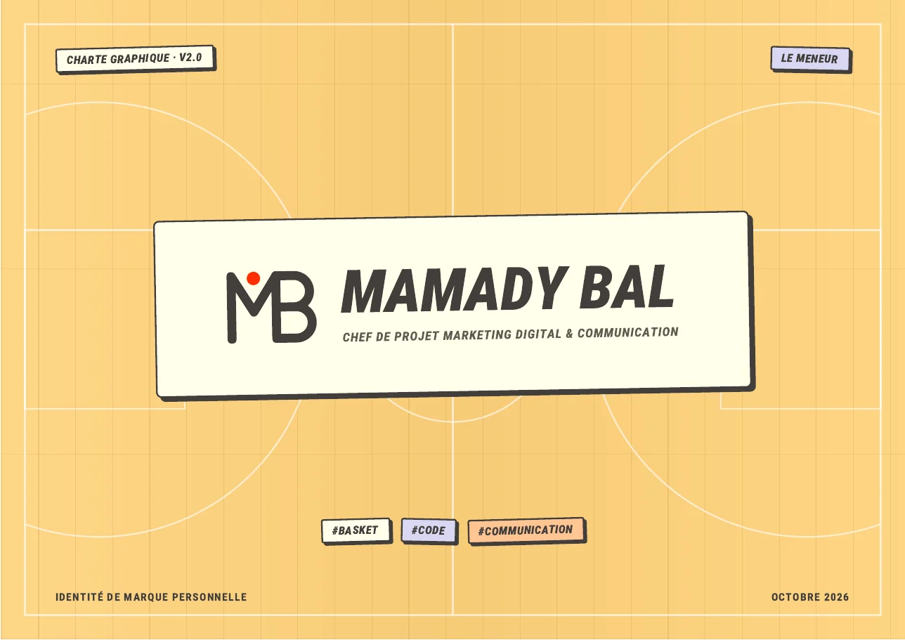 Couverture de la charte graphique MB v2 : le logo Mamady Bal sur un terrain de basket couleur parquet