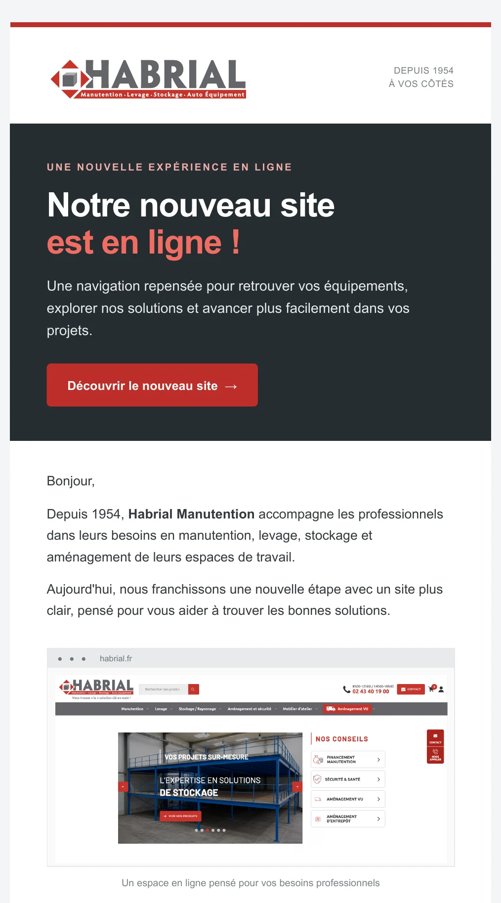 Newsletter Brevo d'Habrial annonçant le nouveau site
