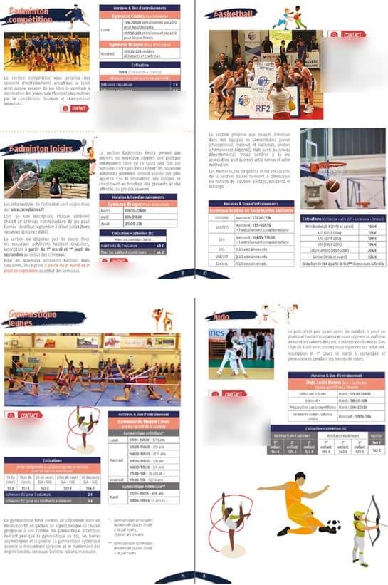 Pages du guide de saison des JSC (coordonnées des bénévoles floutées)